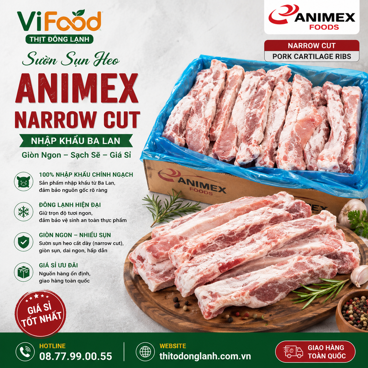 Sườn Sụn Heo Đông Lạnh Animex Narrow Cut Giá Sỉ